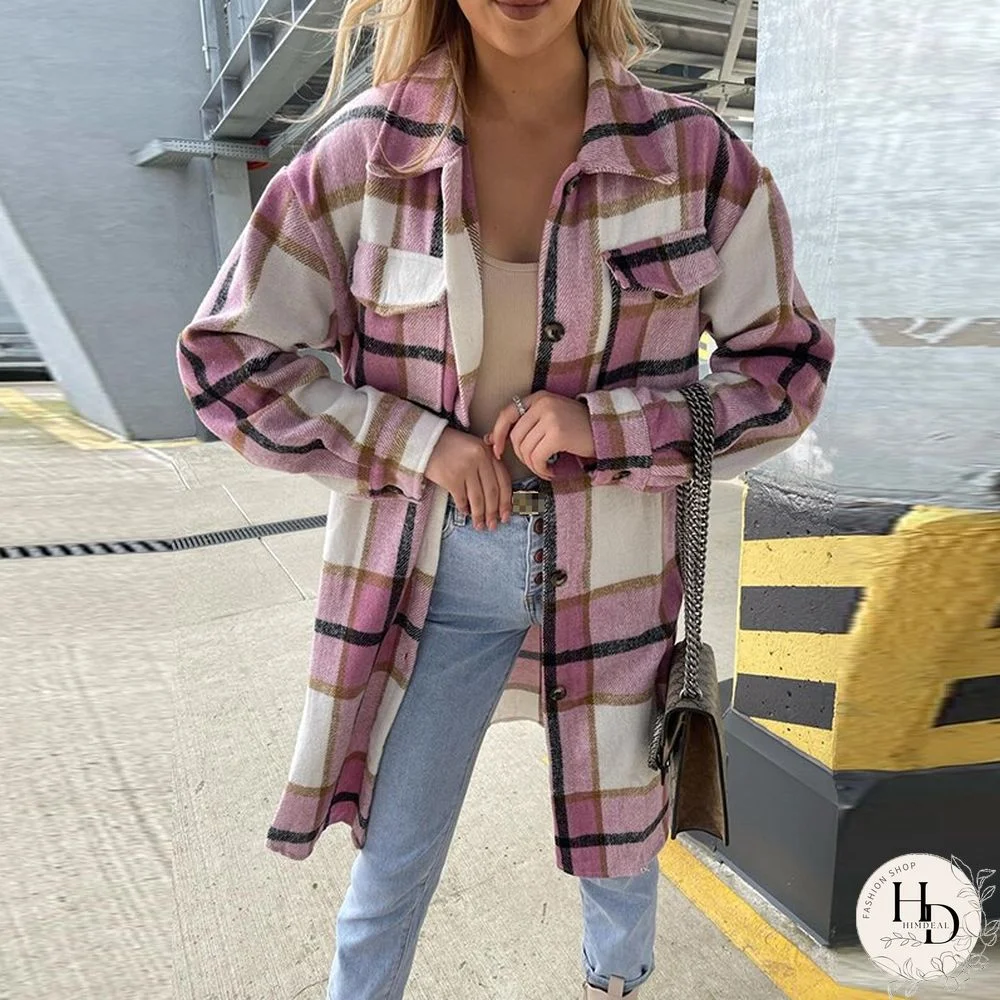 Elegant Lapel Single Breasted Shirt Outerwear Women Winter Plaid Print Woolen Coats Fashion Casual Long Sleeve Loose Midi Jacket