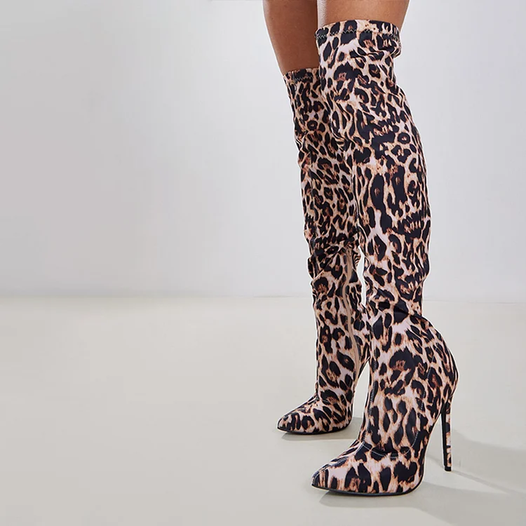 Brown Leopard Print Pointed Toe Thigh High Boots with Stiletto Heels |FSJ Shoes