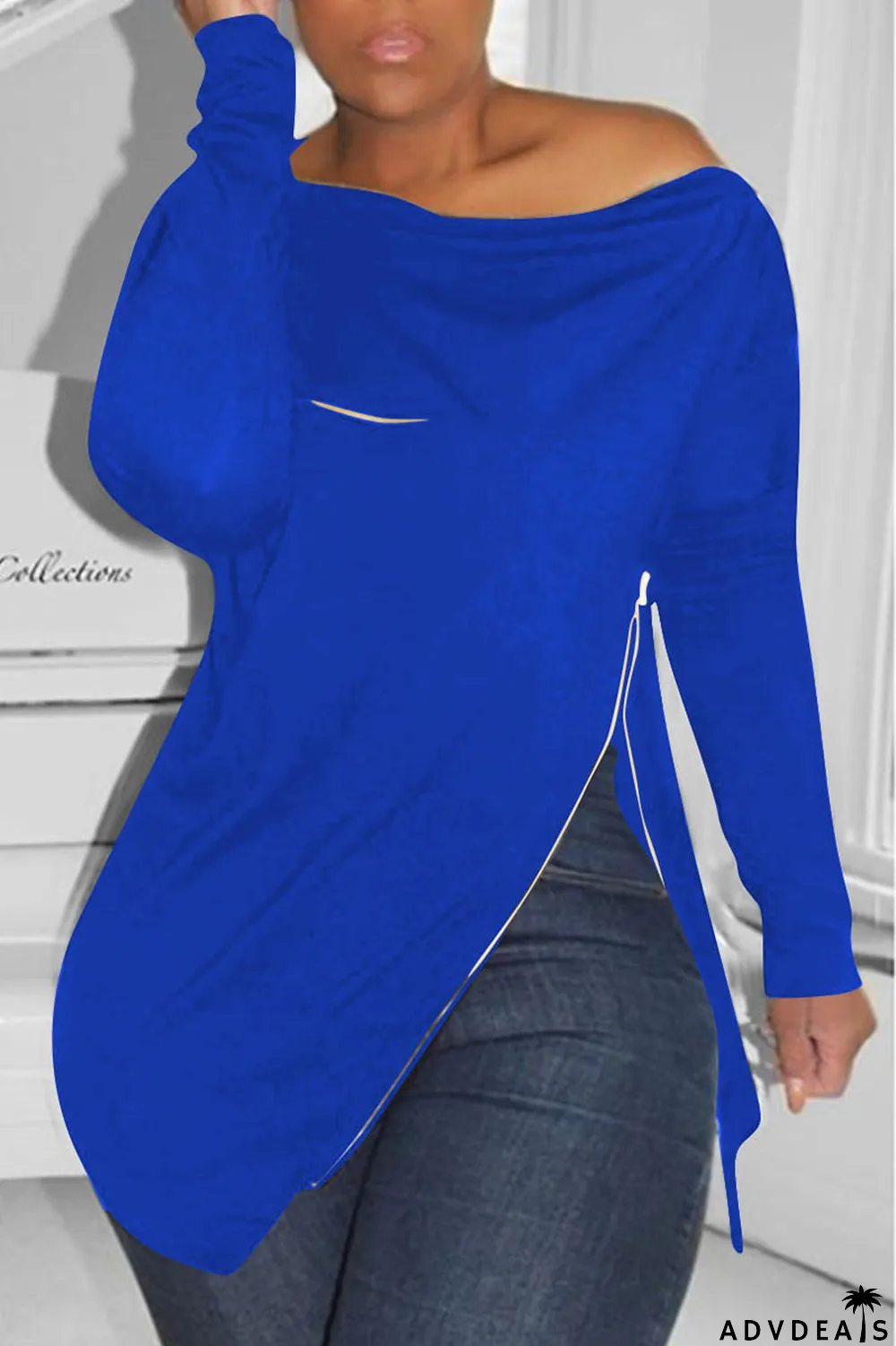 Burgundy Casual Solid Split Joint Asymmetrical Zipper Zipper Collar Tops