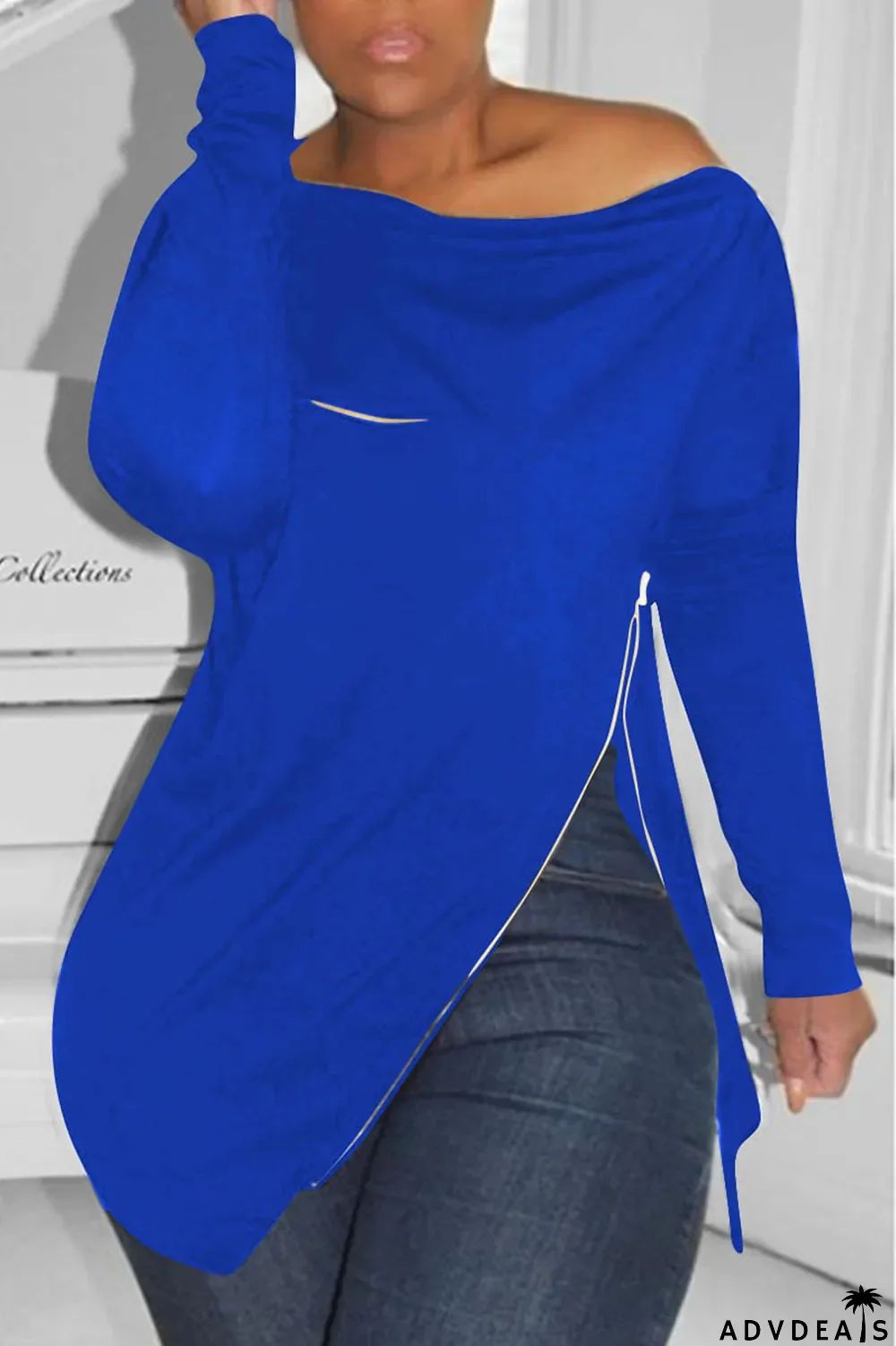 Burgundy Casual Solid Split Joint Asymmetrical Zipper Zipper Collar Tops