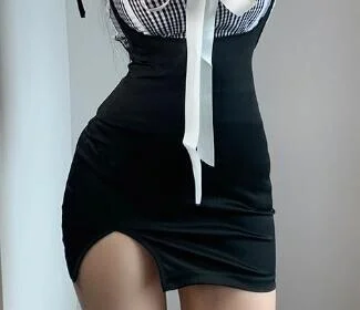 Bow Plaid Drawstring Fold Lace Mesh Tops Tank Vest + Elasticity Shoulder Strap Mini Dress Two-piece Set NLVW