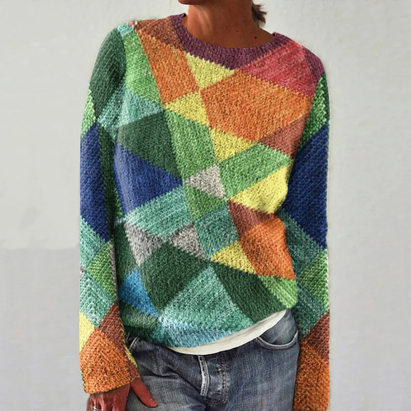 Casual Patchwork Geometric Contrast Print Sweater