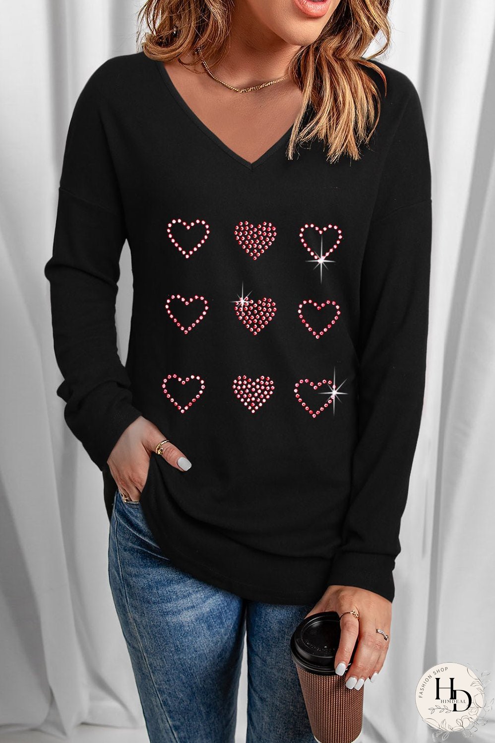 Black Valentines Day Rhinestone Heart Graphic Long Sleeve Tee