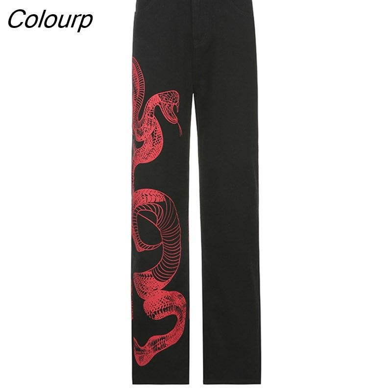 Colourp Chinese Style Snake Printed Jeans Casual Streetwear Loose High Waisted Women'S Trousers Fashion Denim Wide Leg Pants