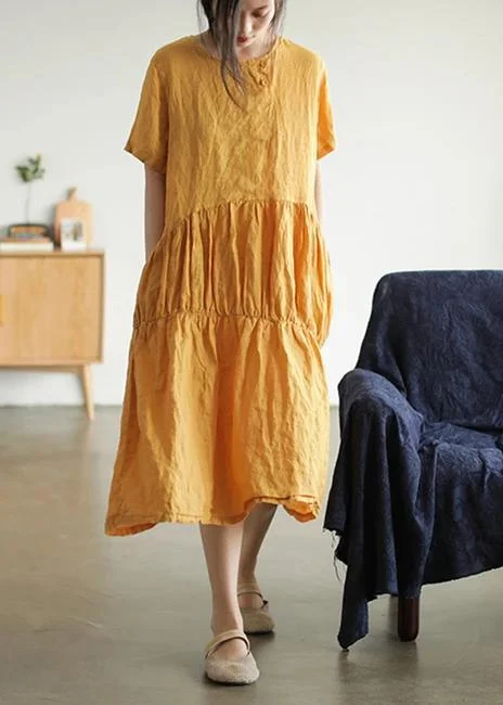 Italian Linen Clothes For Women Organic Solid Color Pleated Spliced Dress