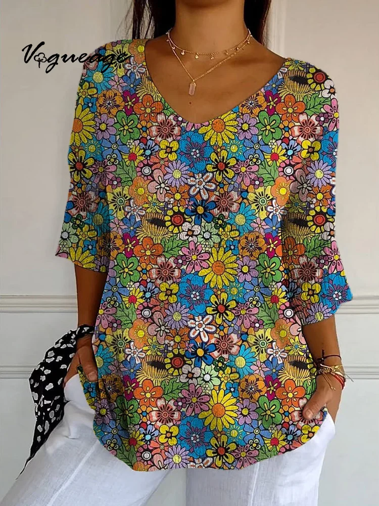 Full Print Painting Cute Small Florals Printed Knitted Sweater