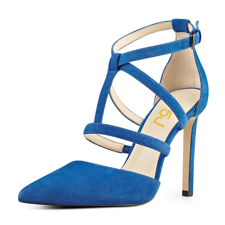 Cobalt Blue Shoes T Strap Vegan Suede Stiletto Heel Closed Toe Sandals |FSJ Shoes