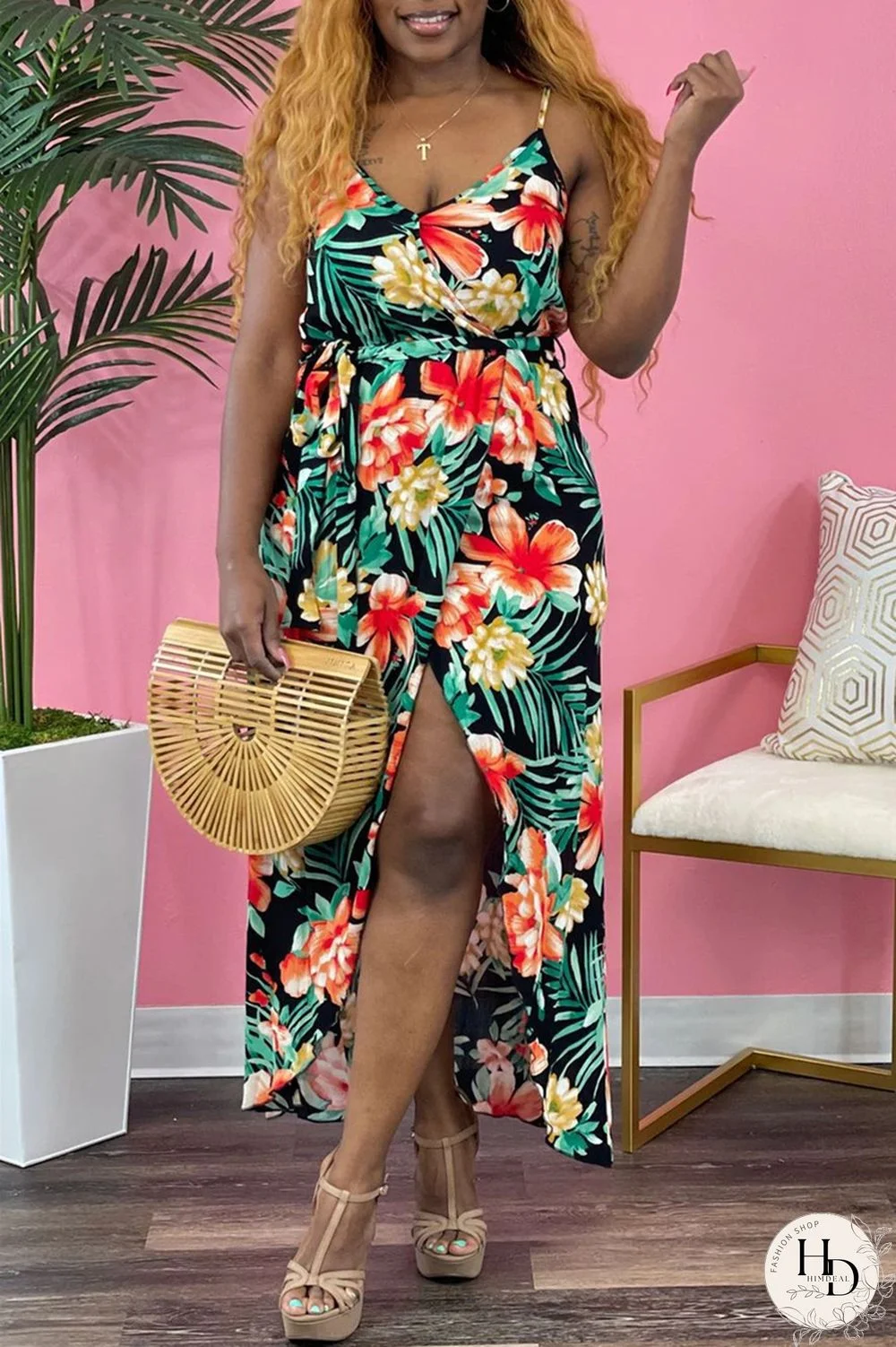 Red Sexy Casual Print Bandage Backless V Neck Sling Dress