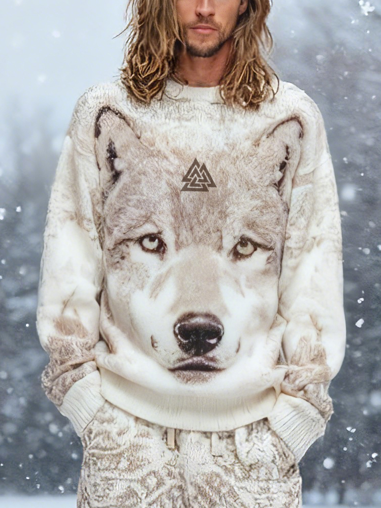 Men's Viking Valknut Wolf Pattern Cozy Knit Sweater elevenforest