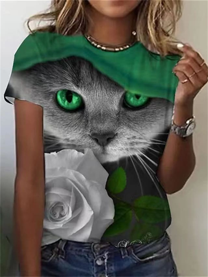 Green T-shirt Tops 3D Cat Print Women's Summer Short-sleeved