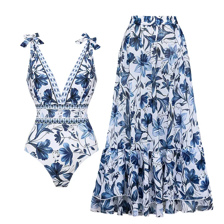 💃50% off this week 🏝️🌟retro v neck porcelain one piece with wrap skirt set