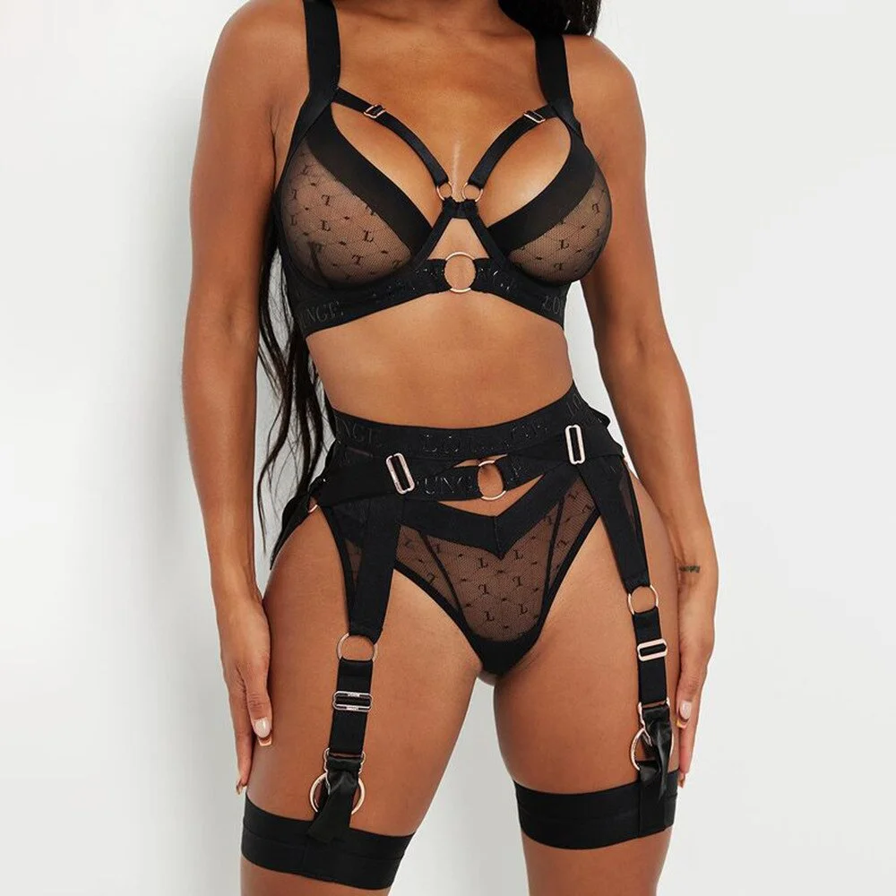 MIRABELLE Goth Lingerie Sexy Cut Out Transparent Bra Underwear 3-Piece Erotic Breves Sets Garters See-Through Luxury Intimate