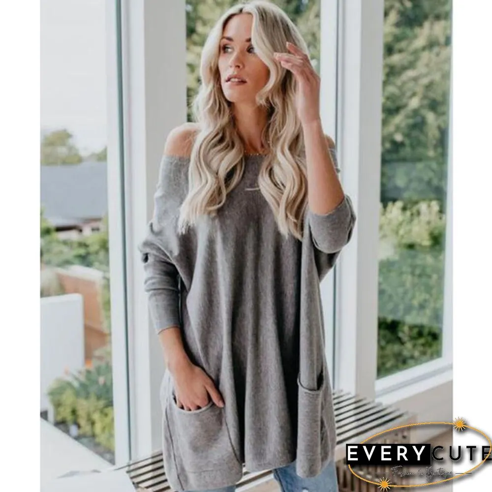Plus Size Womens Autumn & Winter Casual Top Loose Pocket T-Shirt Long Sleeve Bat Blouse