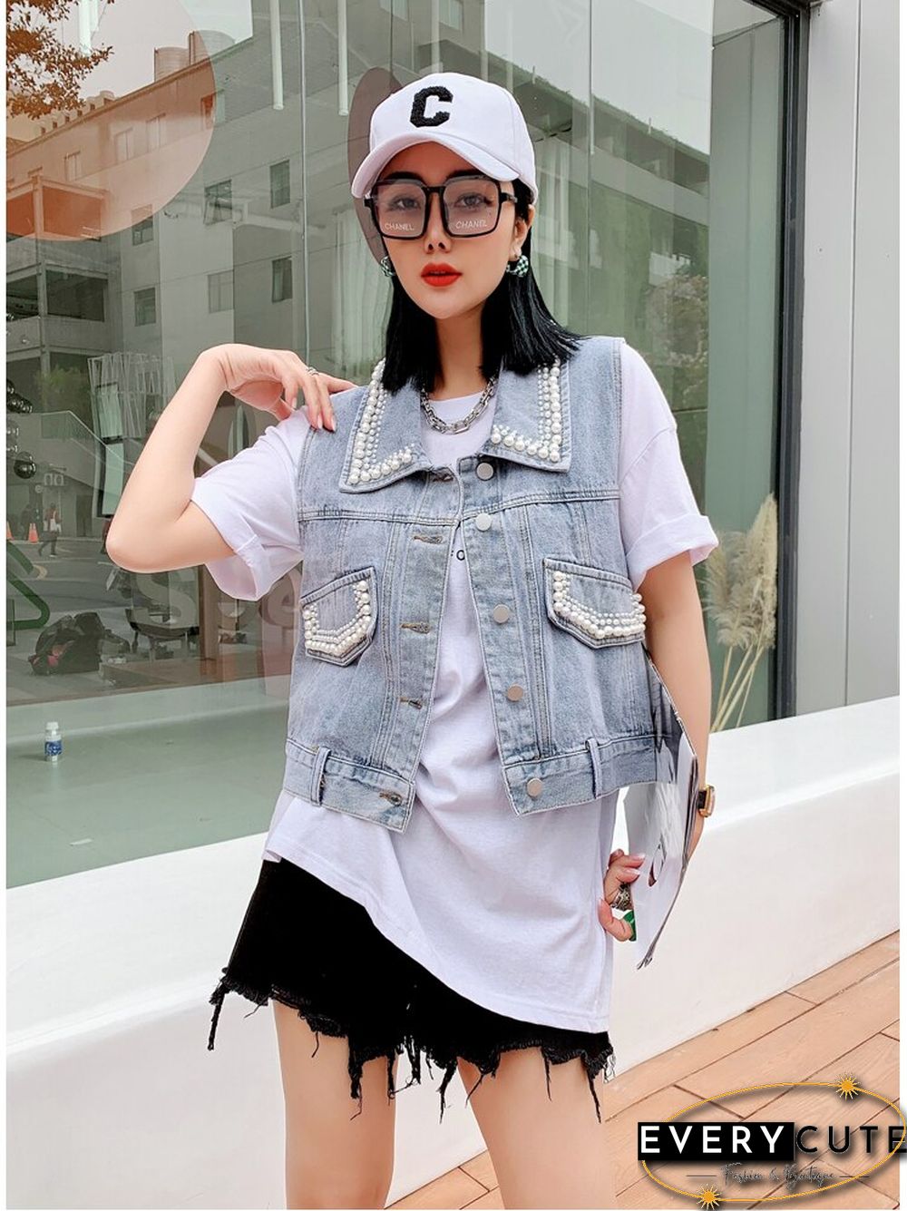 Women Denim Vest Luxury Pearls Fashion Autumn Jeans Cropped Jacket Sleeveless Loose Short Coat Causal Waistcoats Vest