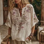 Women's Floral Embroidery Art V Neck Comfy Shirt - Image 2