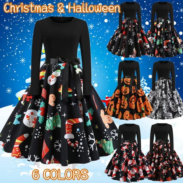 2019 Fashion Lady Autumn and Winter Xmas Clothes Christmas Costume Casual Long Sleeve Halloween Print Party Dress