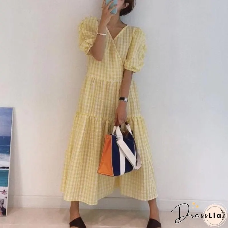 Christmas Gift Nomikuma Korean Fashion Plaid Dress Women V Neck Short Sleeve A Line maxi Dresses Robe Casual Sweet New Chic Vestidos Mujer