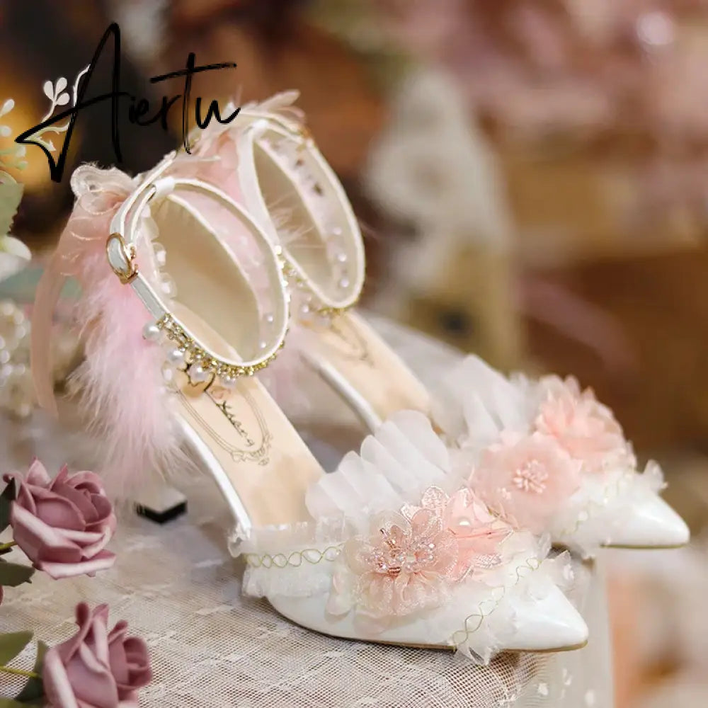 Aiertu Lolita Flower Wedding Shoes One Night Story Lolita Shoes Pink Pointed Versatile Mid Heel High Heel Slim Heel Shoes Aiertu