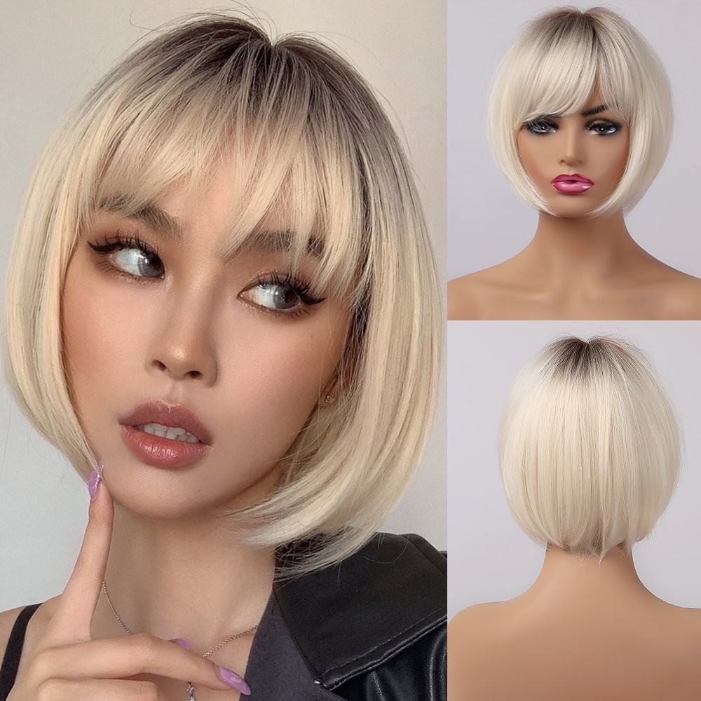 Short Straight Brown Blonde Bob Wig With Bangs US Mall Lifes