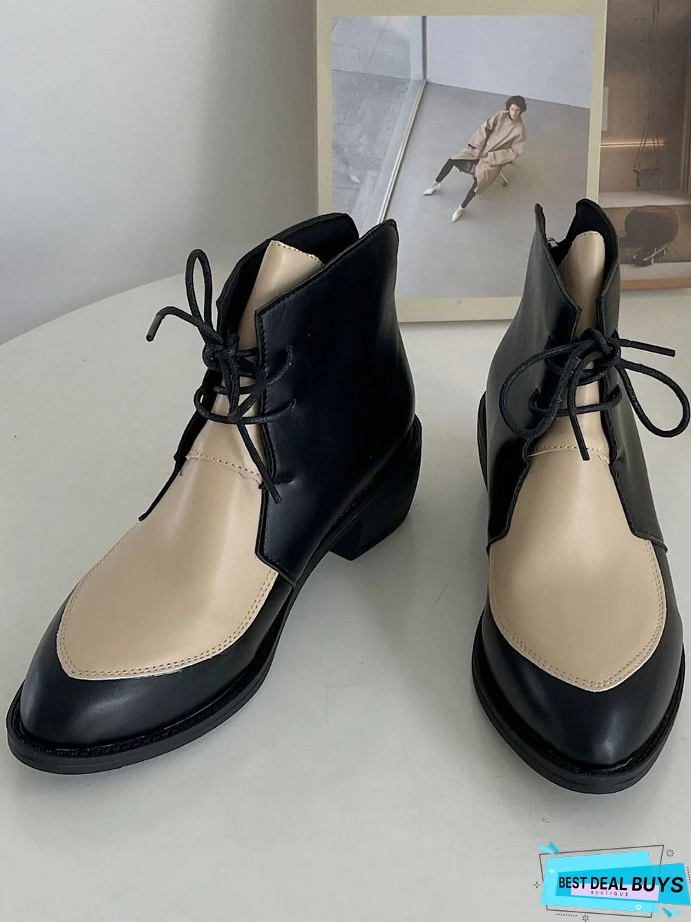 Comfortable Soft Leather Colorblock Lace-Up Pointed Toe Chukkas Booties