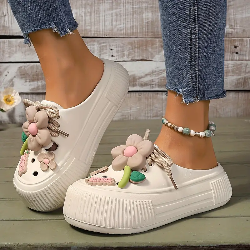 womens flower decor clogs casual hollow out design garden shoes comfortable slip on details 4