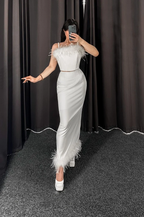 Lisliy White Spaghetti-Straps Slim Fit Feathers Prom Dress 