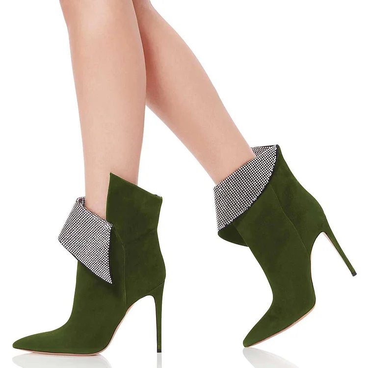 Green Rhinestone Fold-over Pointed Toe Ankle Booties Vdcoo
