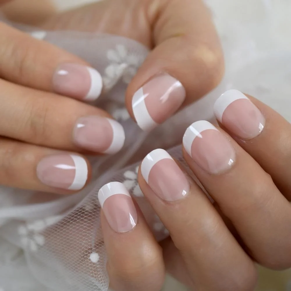 Nude Pink French Nail Round Shape White Tip Gel Fantasy Smaile Line Press On Nails Short Size Manicure Tips 24 1029-1