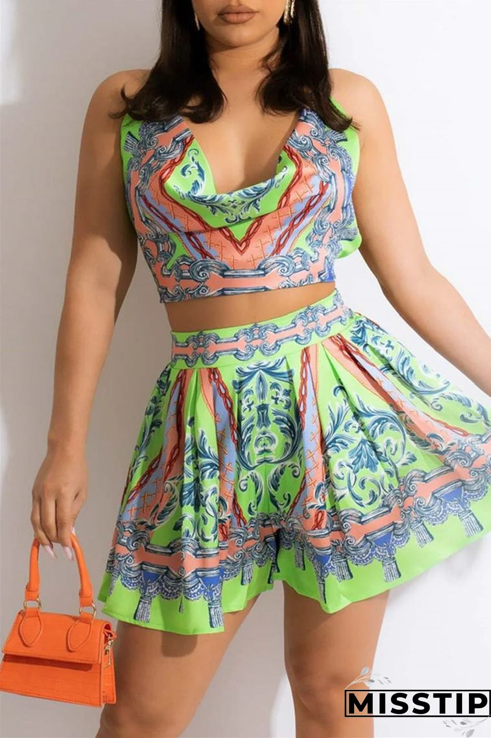 Orange Fashion Print Backless Strap Design Halter Sleeveless Two Pieces