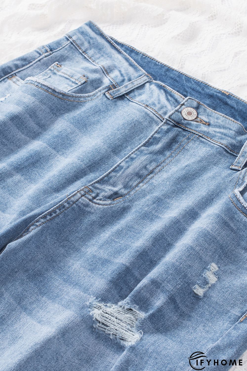 Sky Blue Distressed Holes Frayed Hem Plus Size Jeans | IFYHOME