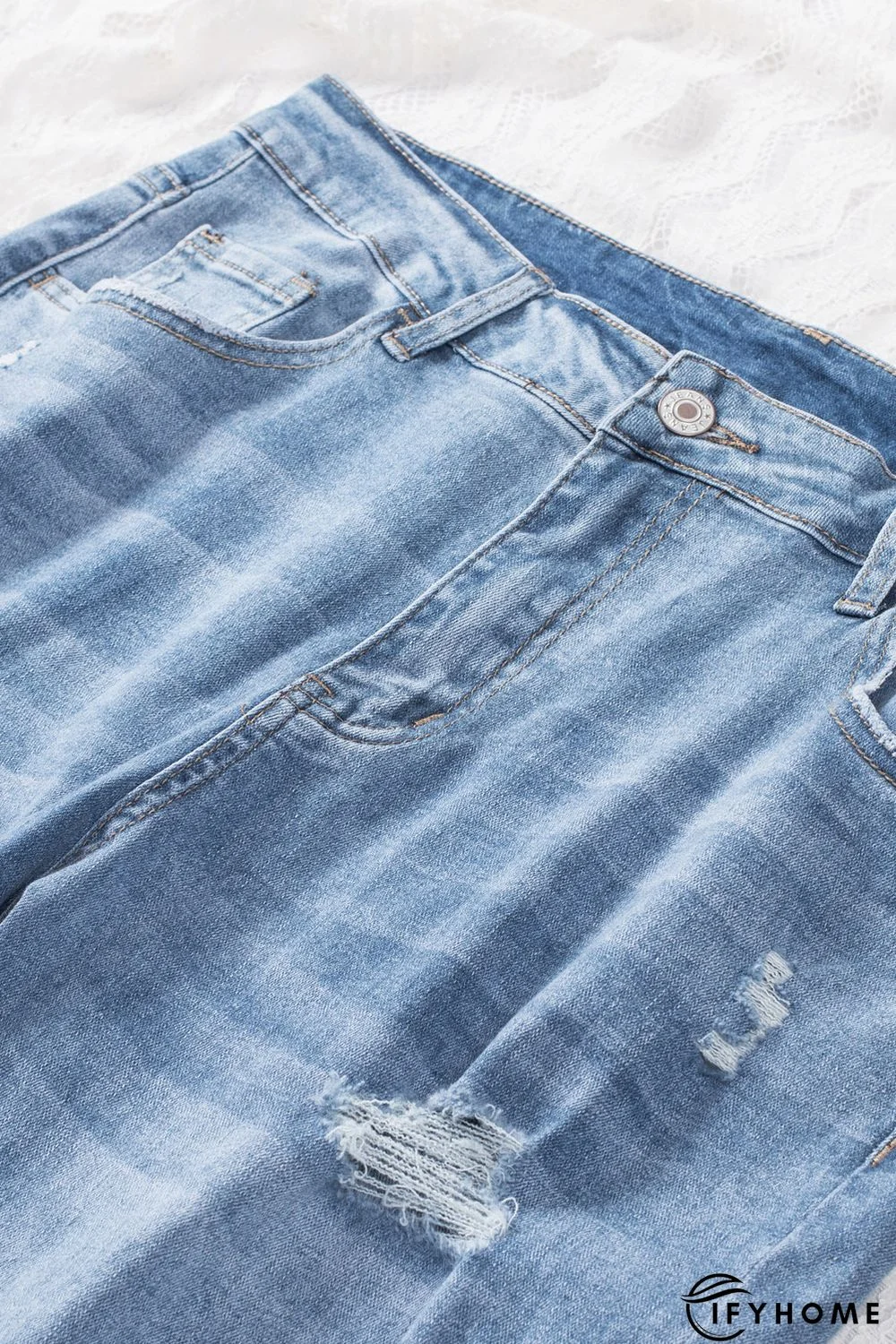 Sky Blue Distressed Holes Frayed Hem Plus Size Jeans | IFYHOME
