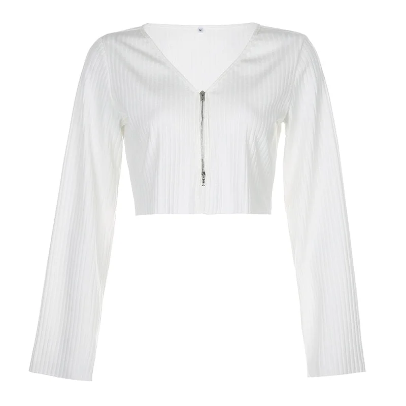 HEYounGIRL Zipper Casual Loose Long Sleeve Cropped Tshirt Autumn Fashion V Neck Crop Top T Shirt Women Chic Cotton Streetwear