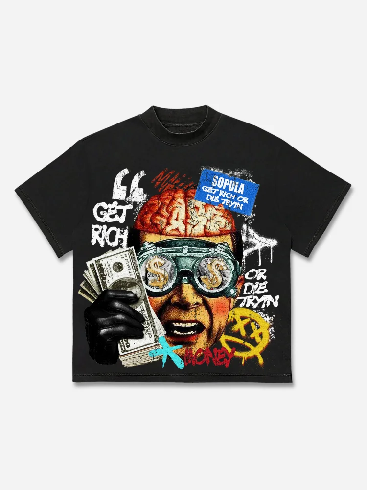 Simpfit Vintage T-Shirt aus Baumwolle mit „Get Rich Money“-Portrait-Print