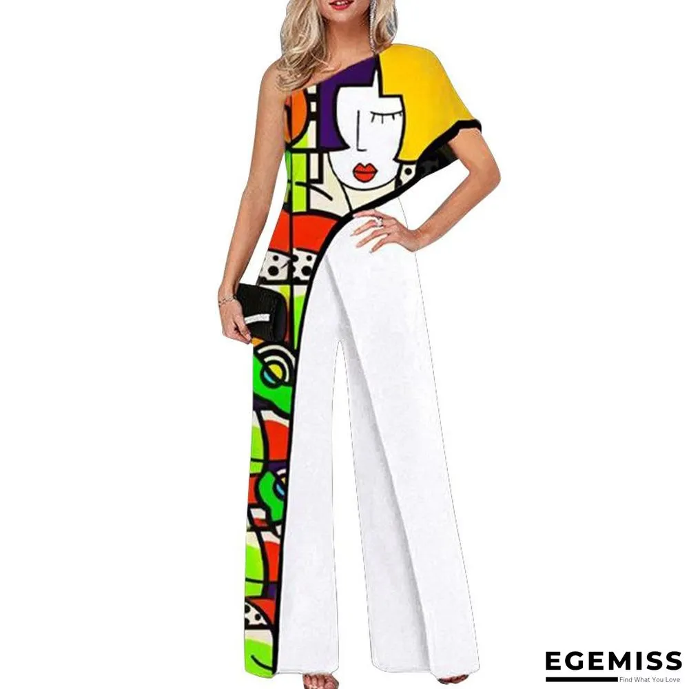 Jumpsuit Printed Diagonal Shoulder Fashion Wide Leg Pants for Women | EGEMISS