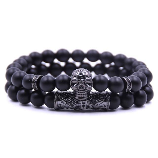 Stone Bead Double Skull Bracelet