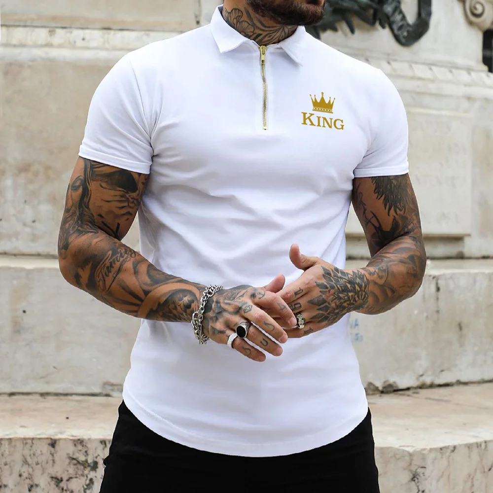 Men's Casual Crown King Print Slim Fit Short Sleeve Zipper Polo Shirt、、URBENIE