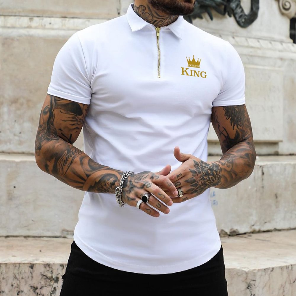 Men's Casual Crown King Print Slim Fit Short Sleeve Zipper Polo Shirt、、URBENIE