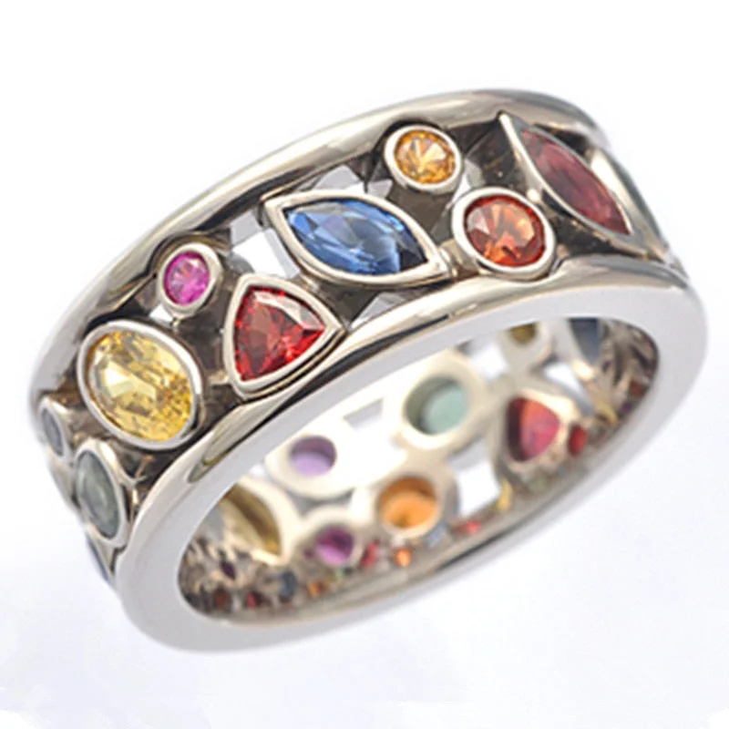Huitan Colorful Women Hollow Out Geometric Stone Rings Cocktail Party Female Finger Ring Fancy Stylish Rings Jewelry Wholesale