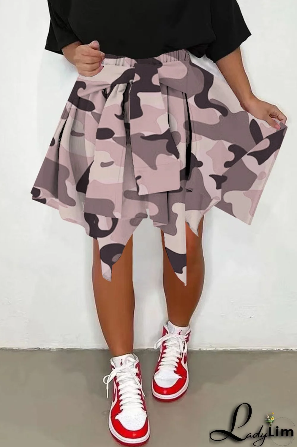 Pink Casual Street Print Camouflage Print Asymmetrical High Waist Type A Full Print Bottoms