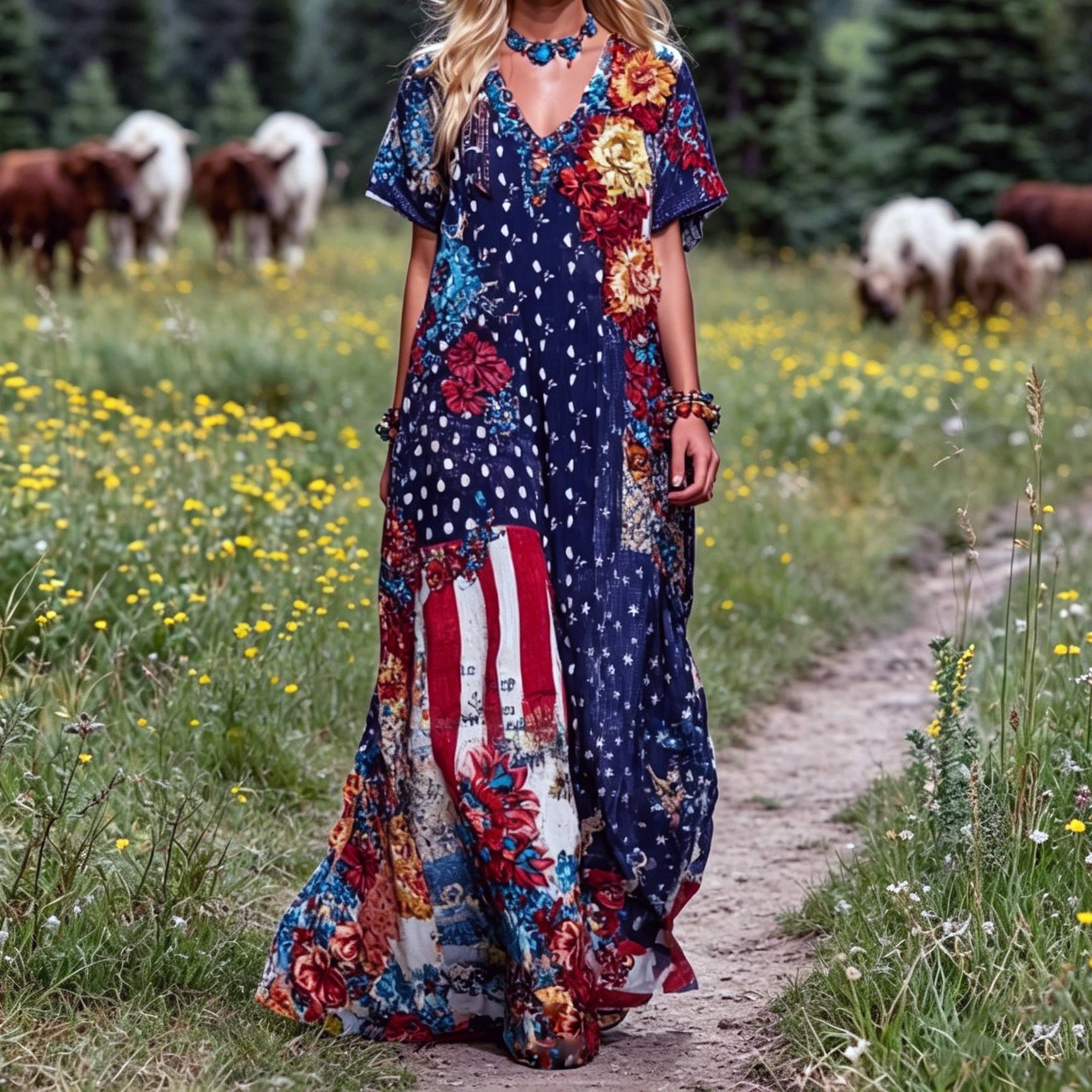  Women's Retro American Flag Floral Patchwork Art Comfortable Cotton Linen V-neck Short Sleeve Dress Westsshops