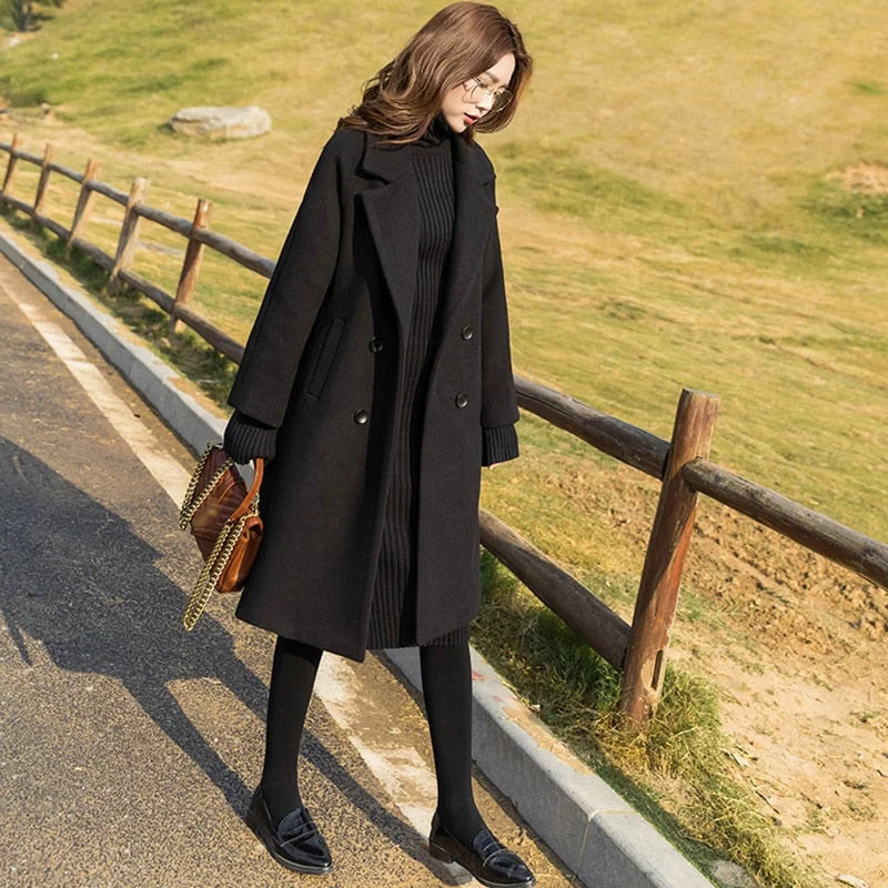 Net Red 2021 New Fahsion Autumn And Winter Black Hepburn Tweed Coat Women's Middle Long Thickened And Slim Tweed Coat