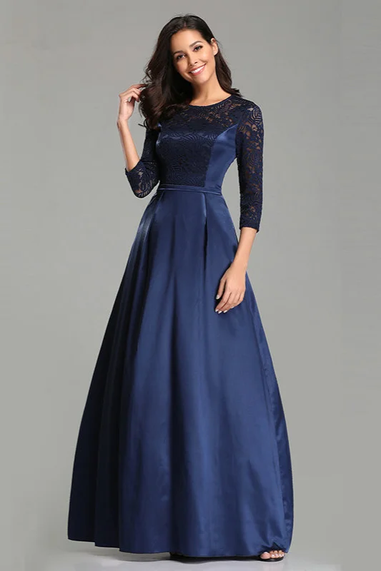 Navy Lace Long Sleeve Designer Evening Prom Dress On Sale