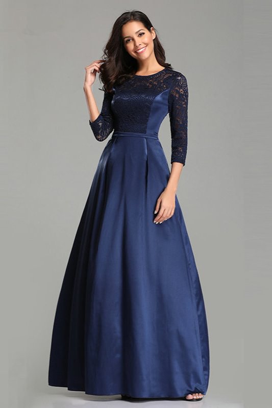 Navy Lace Long Sleeve Designer Evening Prom Dress On Sale - lulusllly