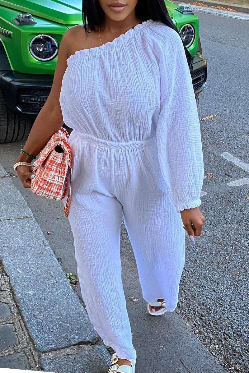 Casual Solid Patchwork Oblique Collar Straight Jumpsuits