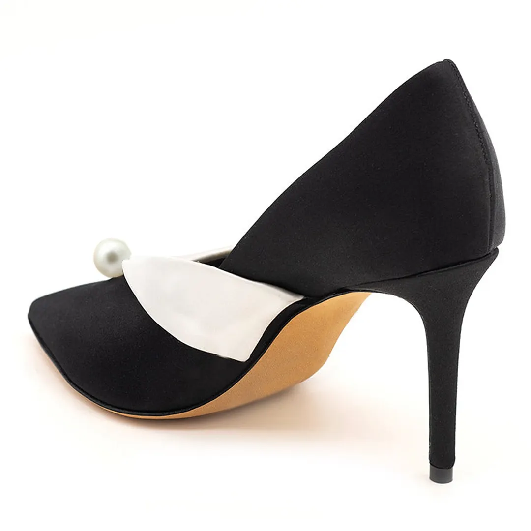 Black & White Satin Pearl Stiletto Heel Fold-Over Pumps for Women