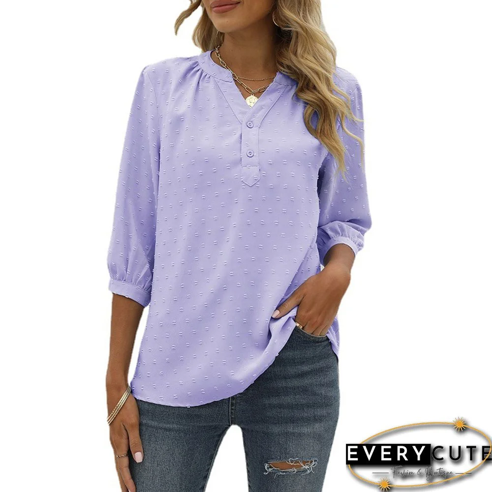 Light Purple Swiss Dot Jacquard Button V Neck 1/2 Sleeve Tops