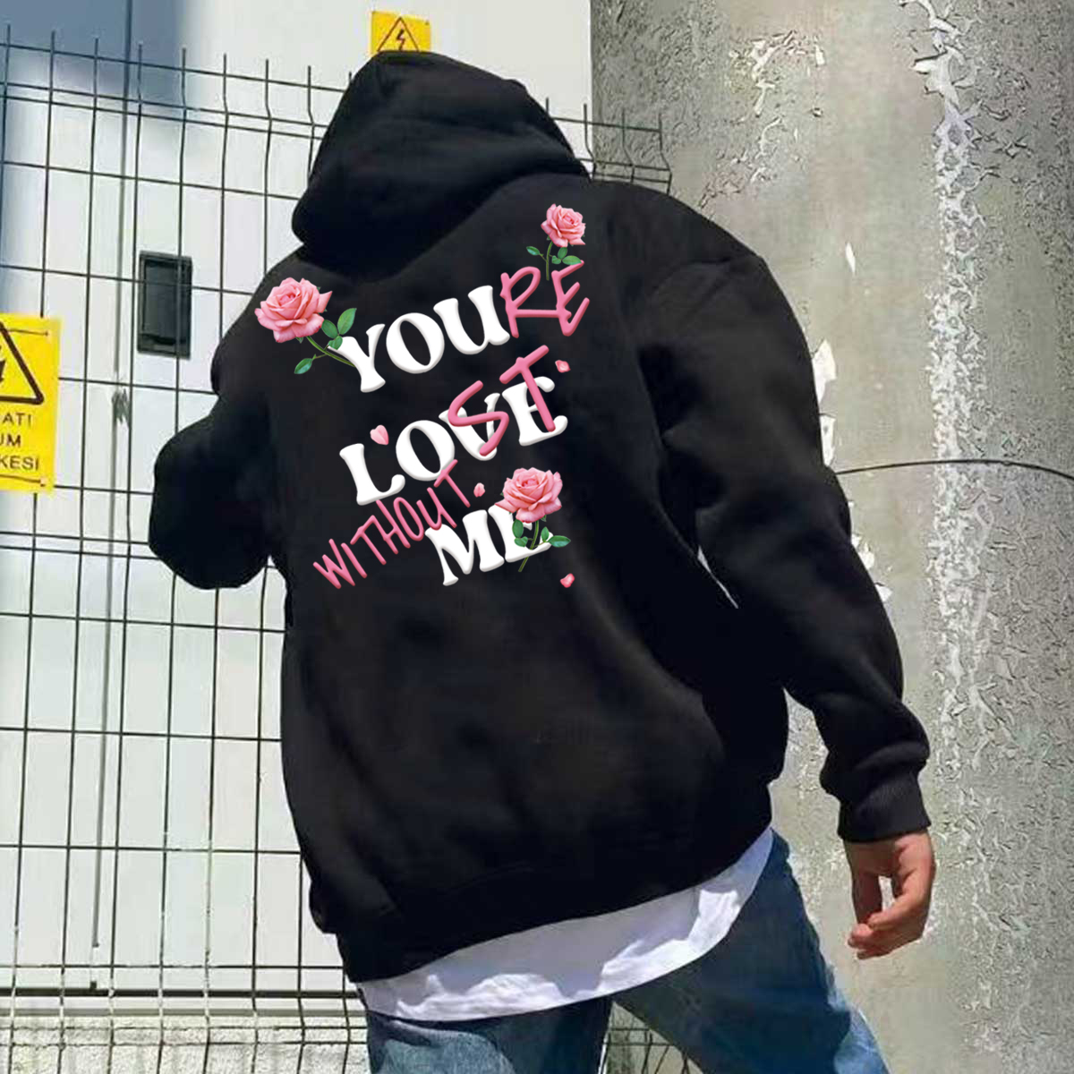Vintage Hip-Hop Rose Letter Print Fleece-Lined Hoodie