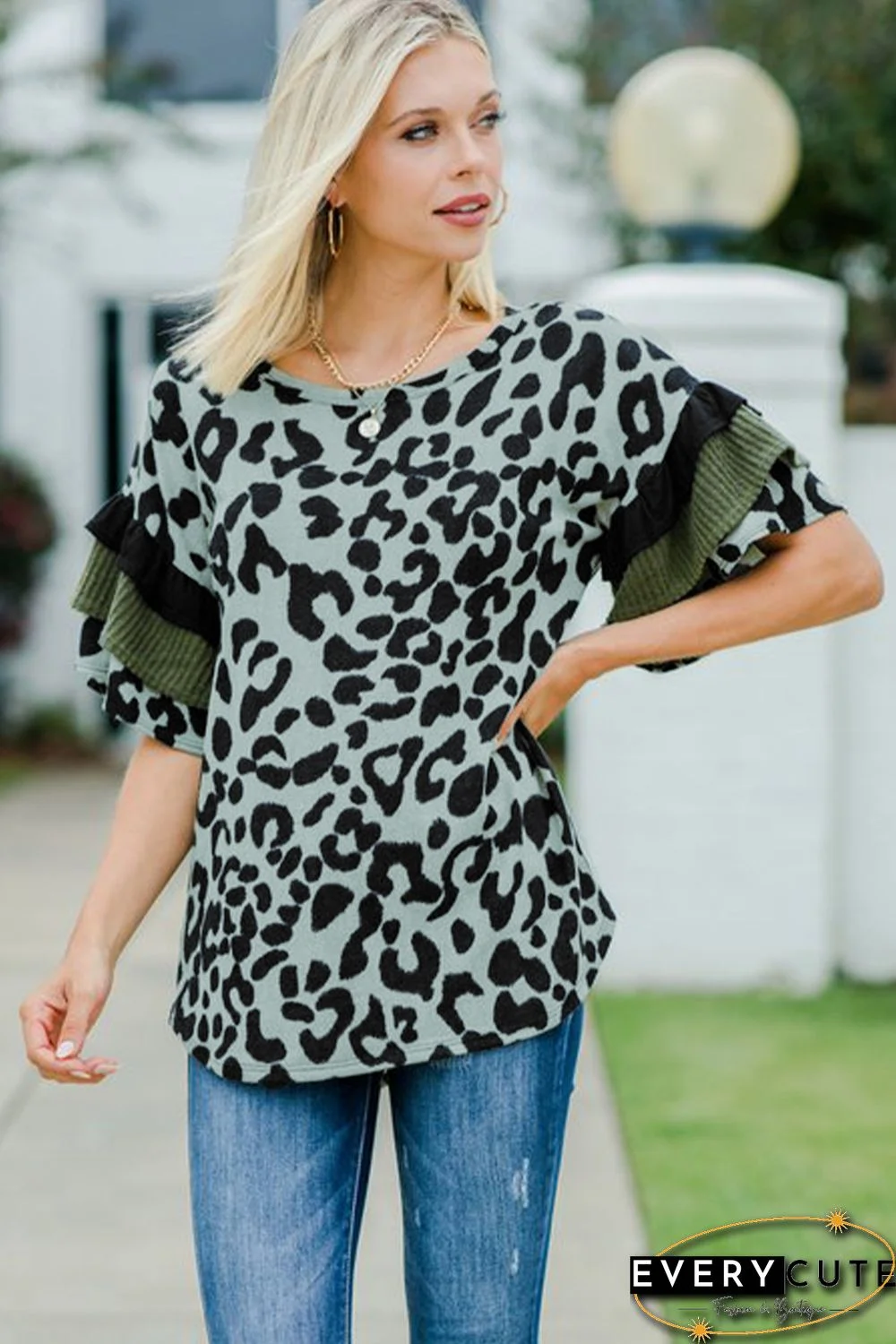 Olive Green Leopard Ruffled Sleeves Top