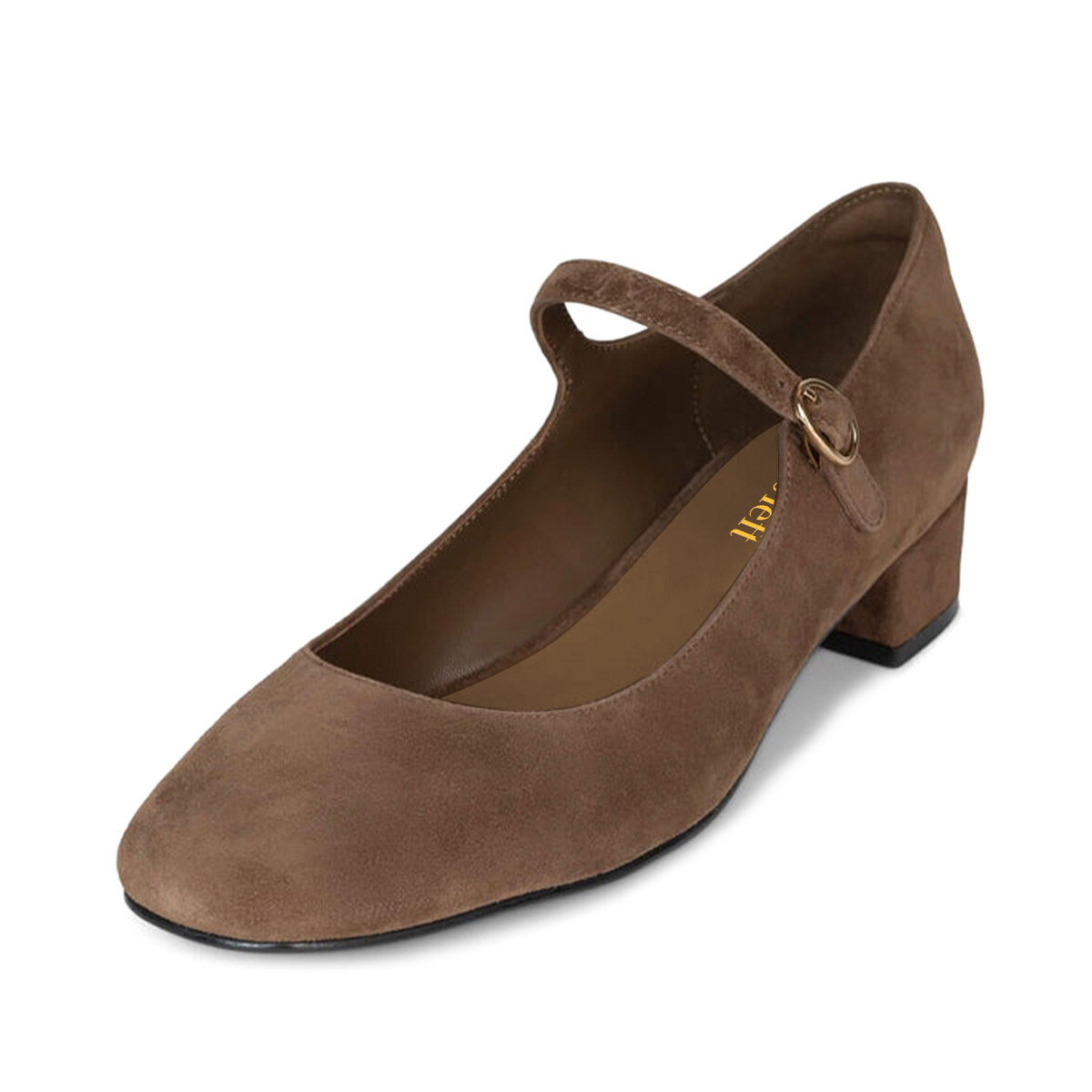 Brown Buckle Strap Round Toe Pumps Shoes with Low Block Heel Nicepairs