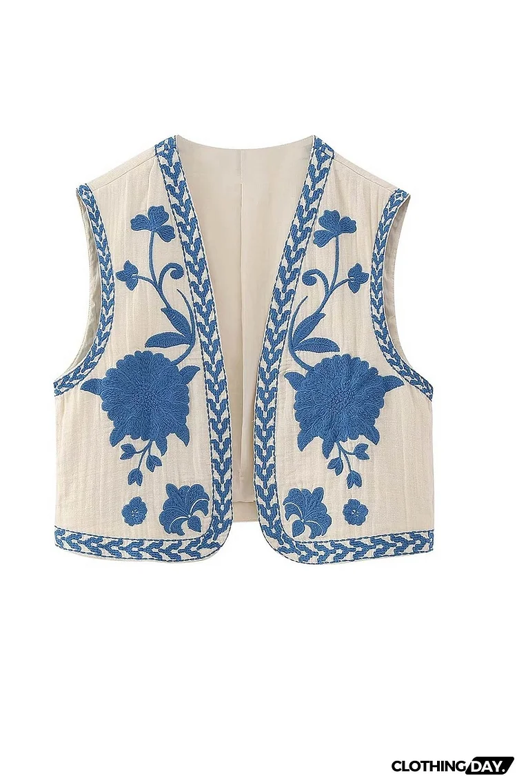 Vintage Floral Embroidery Open Front Vest